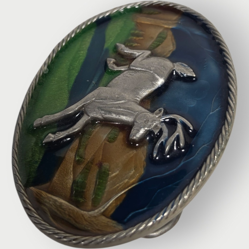 Vintage 1980 Great American Buckle Co Jumping Deer Enamel Belt Buckle H472 - Picture 3 of 7